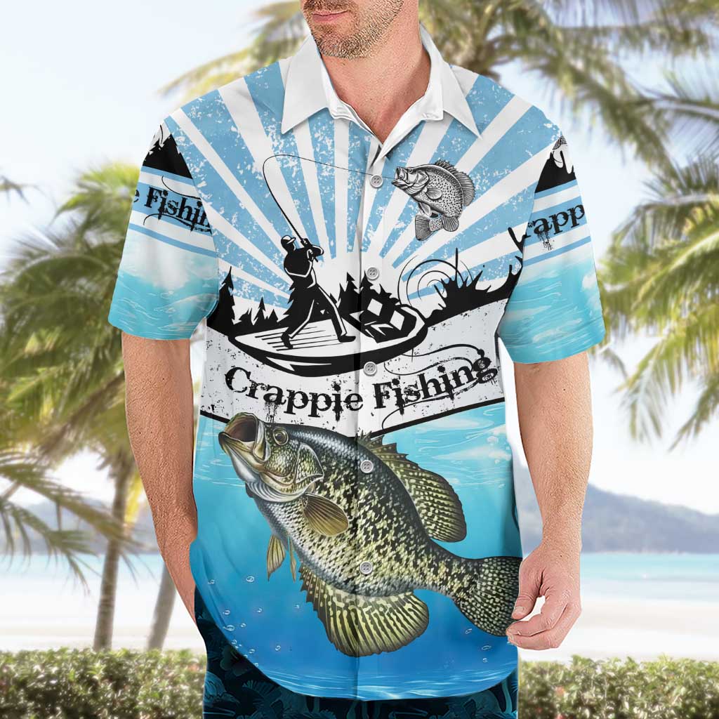 Personalized Crappie Fishing Hawaiian Shirt with Lake Water Splash Scene and Sunrise Silhouette Angler Design - Wonder Print Shop