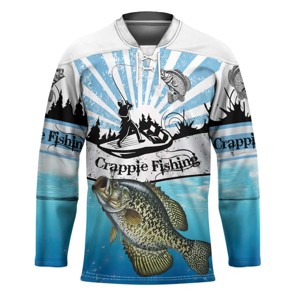 Personalized Crappie Fishing Hockey Jersey with Lake Water Splash Scene and Sunrise Silhouette Angler Design - Wonder Print Shop