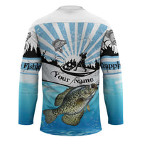 Personalized Crappie Fishing Hockey Jersey with Lake Water Splash Scene and Sunrise Silhouette Angler Design - Wonder Print Shop