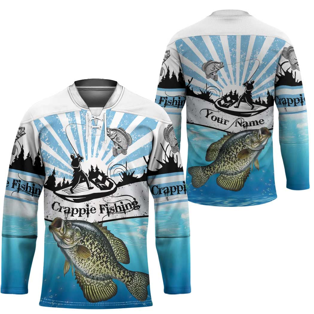 Personalized Crappie Fishing Hockey Jersey with Lake Water Splash Scene and Sunrise Silhouette Angler Design - Wonder Print Shop