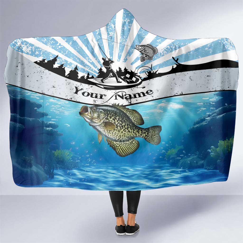 Personalized Crappie Fishing Hooded Blanket with Lake Water Splash Scene and Sunrise Silhouette Angler Design - Wonder Print Shop