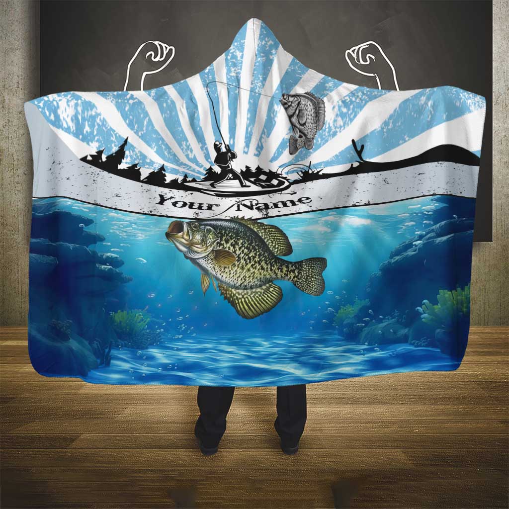 Personalized Crappie Fishing Hooded Blanket with Lake Water Splash Scene and Sunrise Silhouette Angler Design - Wonder Print Shop