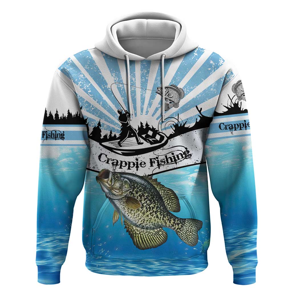 Personalized Crappie Fishing Hoodie with Lake Water Splash Scene and Sunrise Silhouette Angler Design - Wonder Print Shop