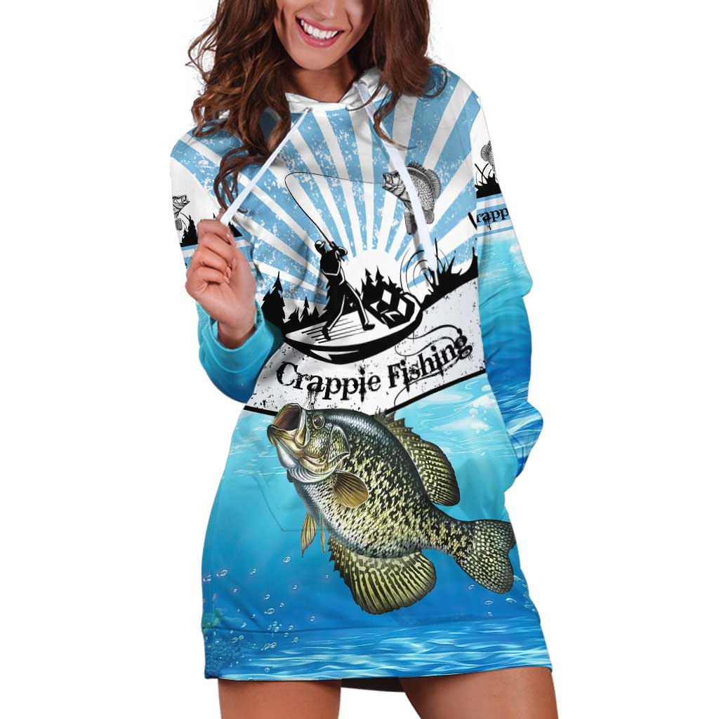 Personalized Crappie Fishing Hoodie Dress with Lake Water Splash Scene and Sunrise Silhouette Angler Design - Wonder Print Shop