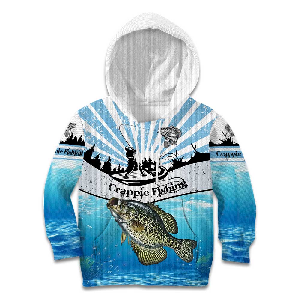 Personalized Crappie Fishing Kid Hoodie with Lake Water Splash Scene and Sunrise Silhouette Angler Design - Wonder Print Shop