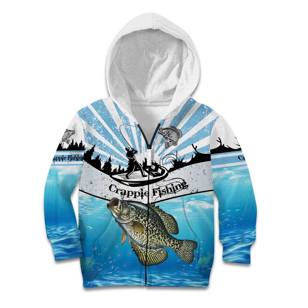 Personalized Crappie Fishing Kid Hoodie with Lake Water Splash Scene and Sunrise Silhouette Angler Design - Wonder Print Shop