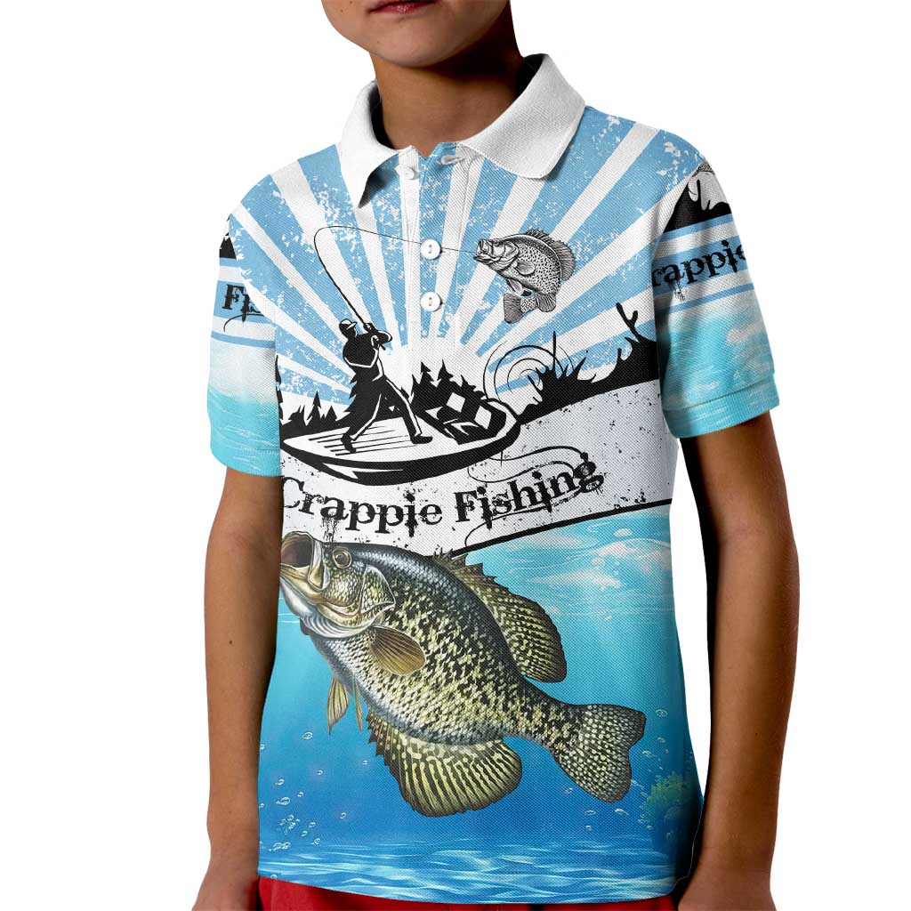 Personalized Crappie Fishing Kid Polo Shirt with Lake Water Splash Scene and Sunrise Silhouette Angler Design - Wonder Print Shop