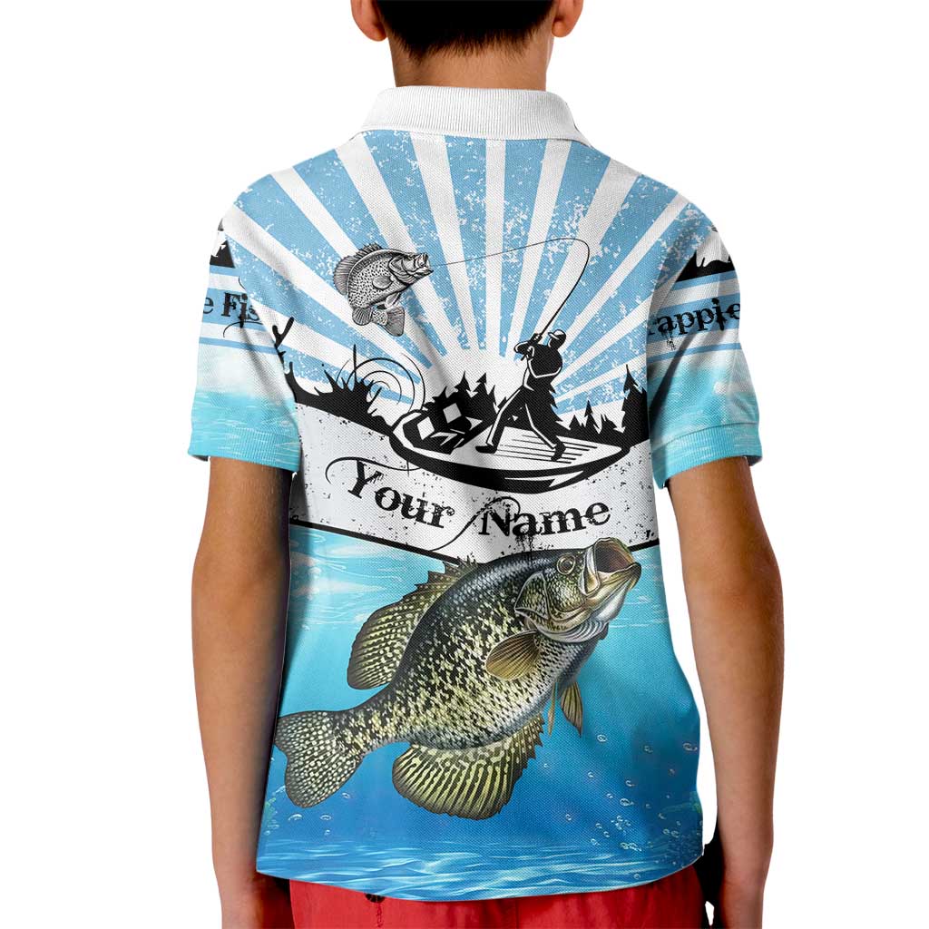 Personalized Crappie Fishing Kid Polo Shirt with Lake Water Splash Scene and Sunrise Silhouette Angler Design - Wonder Print Shop