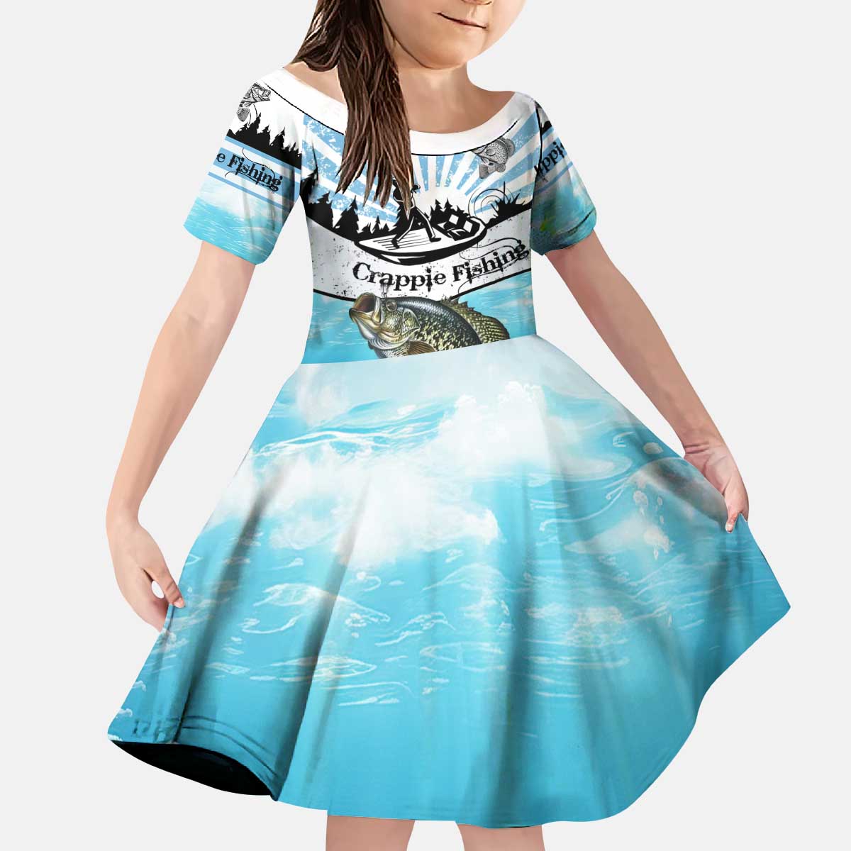 Personalized Crappie Fishing Kid Short Sleeve Dress with Lake Water Splash Scene and Sunrise Silhouette Angler Design - Wonder Print Shop