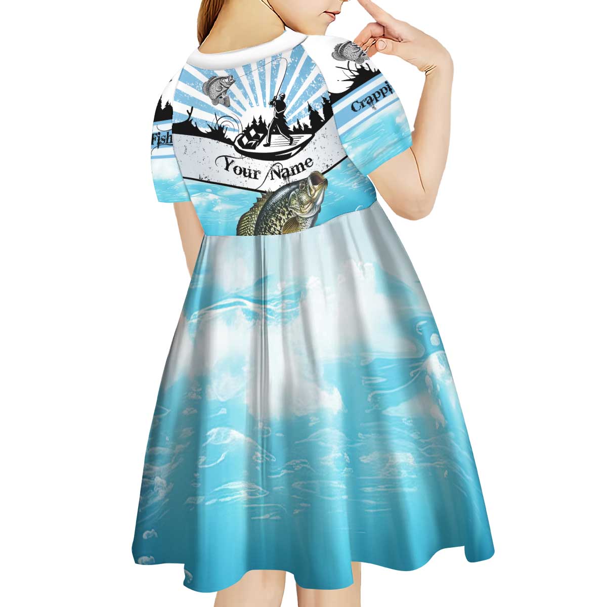 Personalized Crappie Fishing Kid Short Sleeve Dress with Lake Water Splash Scene and Sunrise Silhouette Angler Design - Wonder Print Shop