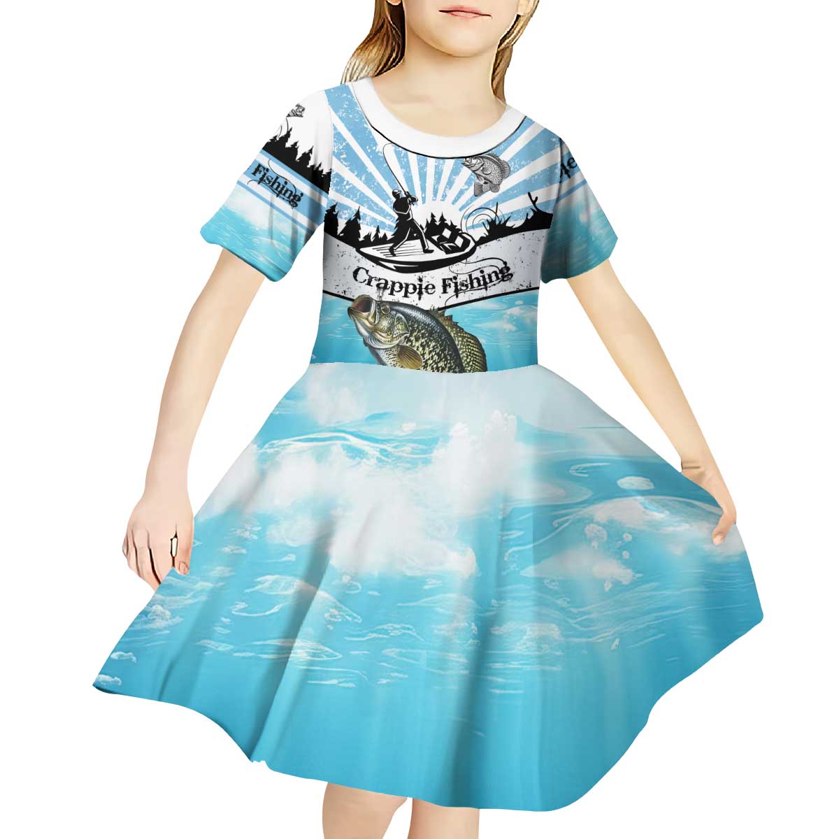 Personalized Crappie Fishing Kid Short Sleeve Dress with Lake Water Splash Scene and Sunrise Silhouette Angler Design - Wonder Print Shop
