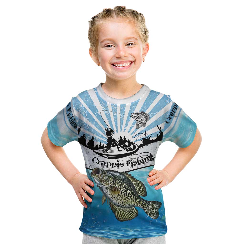 Personalized Crappie Fishing Kid T Shirt with Lake Water Splash Scene and Sunrise Silhouette Angler Design - Wonder Print Shop