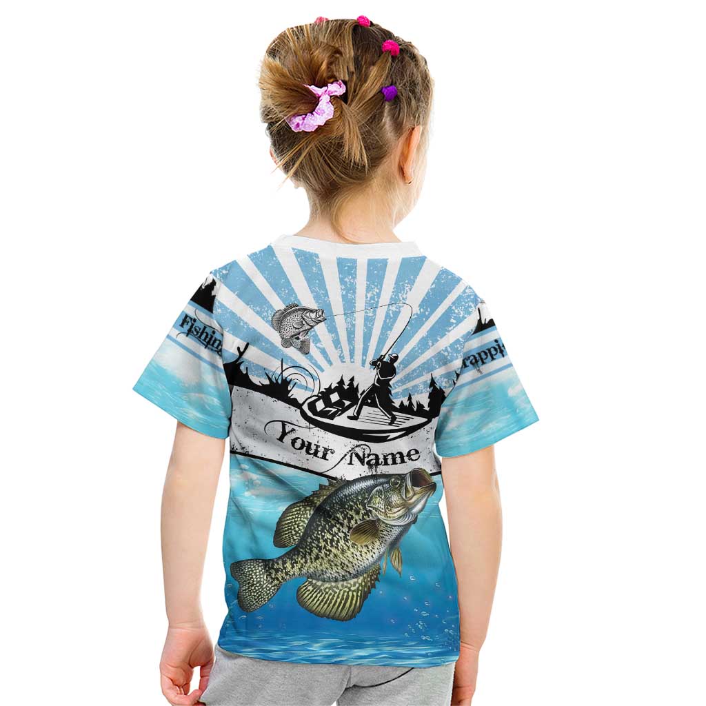 Personalized Crappie Fishing Kid T Shirt with Lake Water Splash Scene and Sunrise Silhouette Angler Design - Wonder Print Shop