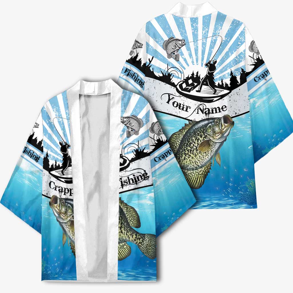 Personalized Crappie Fishing Kimono with Lake Water Splash Scene and Sunrise Silhouette Angler Design - Wonder Print Shop