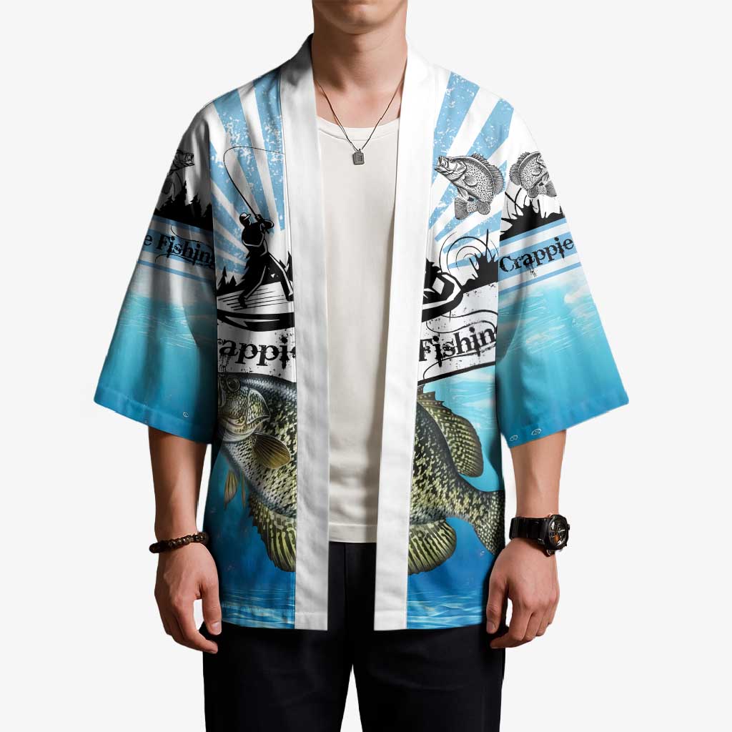 Personalized Crappie Fishing Kimono with Lake Water Splash Scene and Sunrise Silhouette Angler Design - Wonder Print Shop