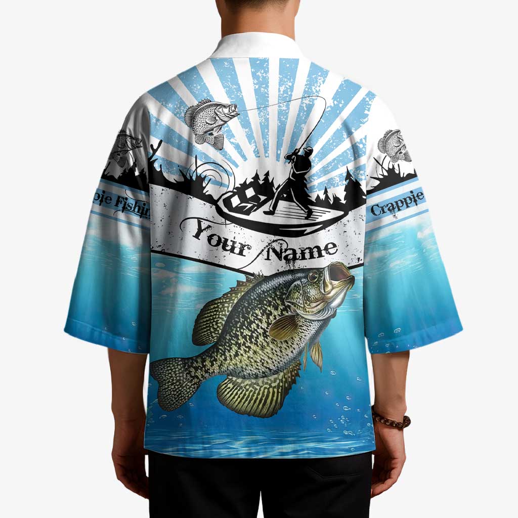 Personalized Crappie Fishing Kimono with Lake Water Splash Scene and Sunrise Silhouette Angler Design - Wonder Print Shop