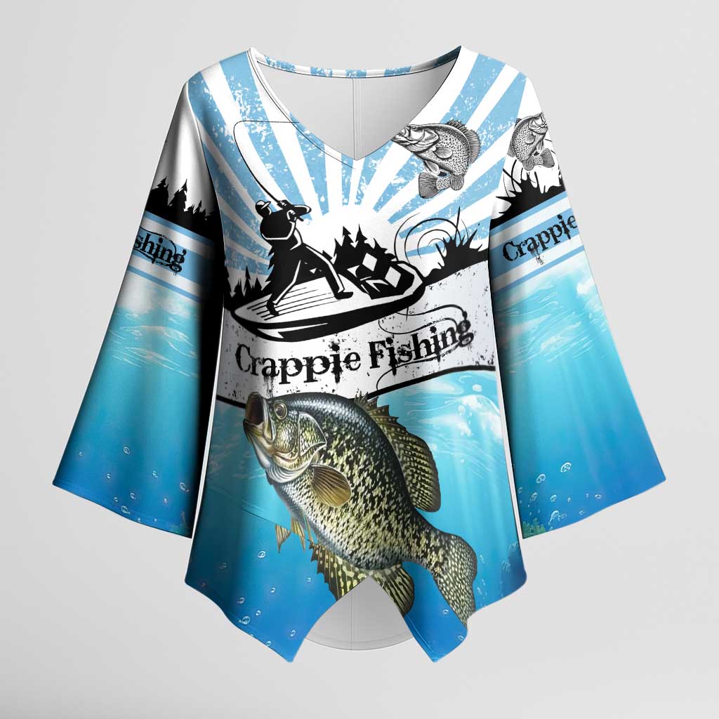 Personalized Crappie Fishing Kimono Sleeve Blouse with Lake Water Splash Scene and Sunrise Silhouette Angler Design - Wonder Print Shop