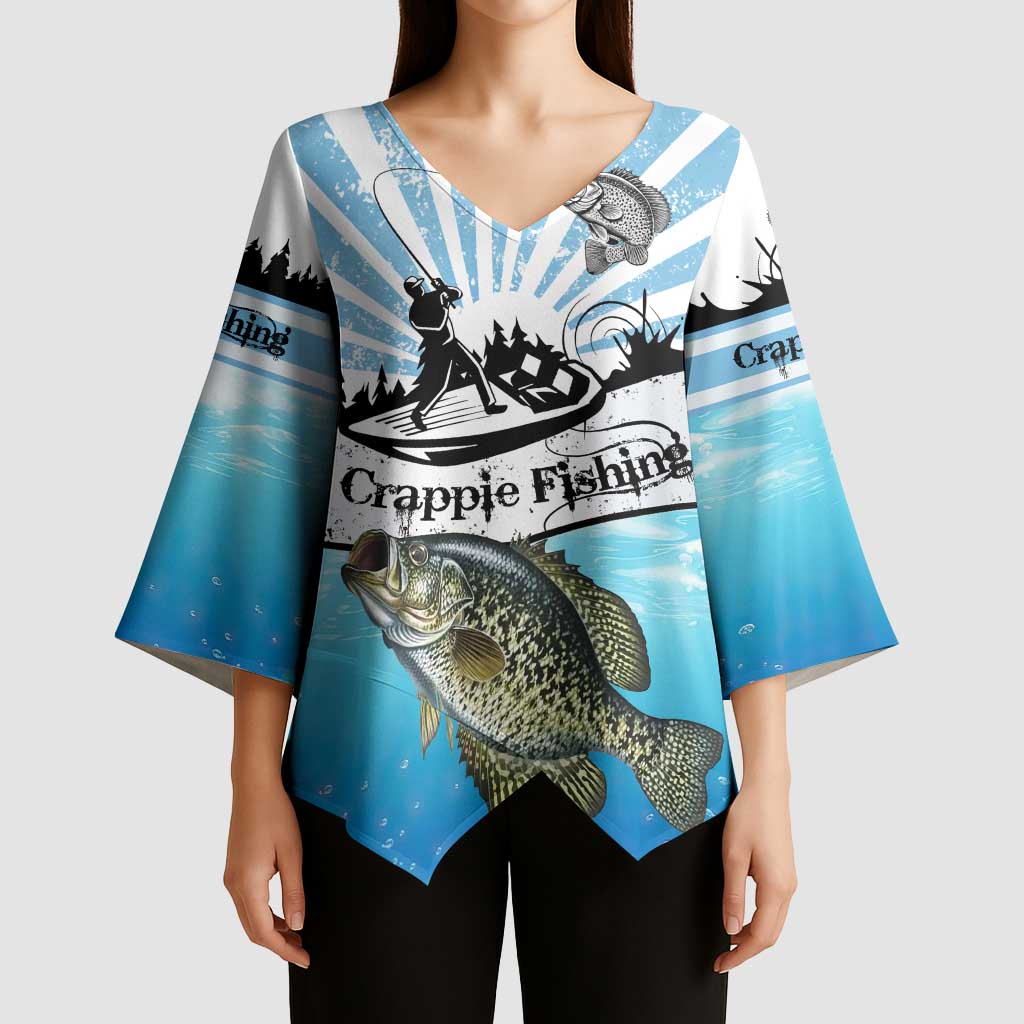 Personalized Crappie Fishing Kimono Sleeve Blouse with Lake Water Splash Scene and Sunrise Silhouette Angler Design - Wonder Print Shop