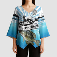 Personalized Crappie Fishing Kimono Sleeve Blouse with Lake Water Splash Scene and Sunrise Silhouette Angler Design - Wonder Print Shop