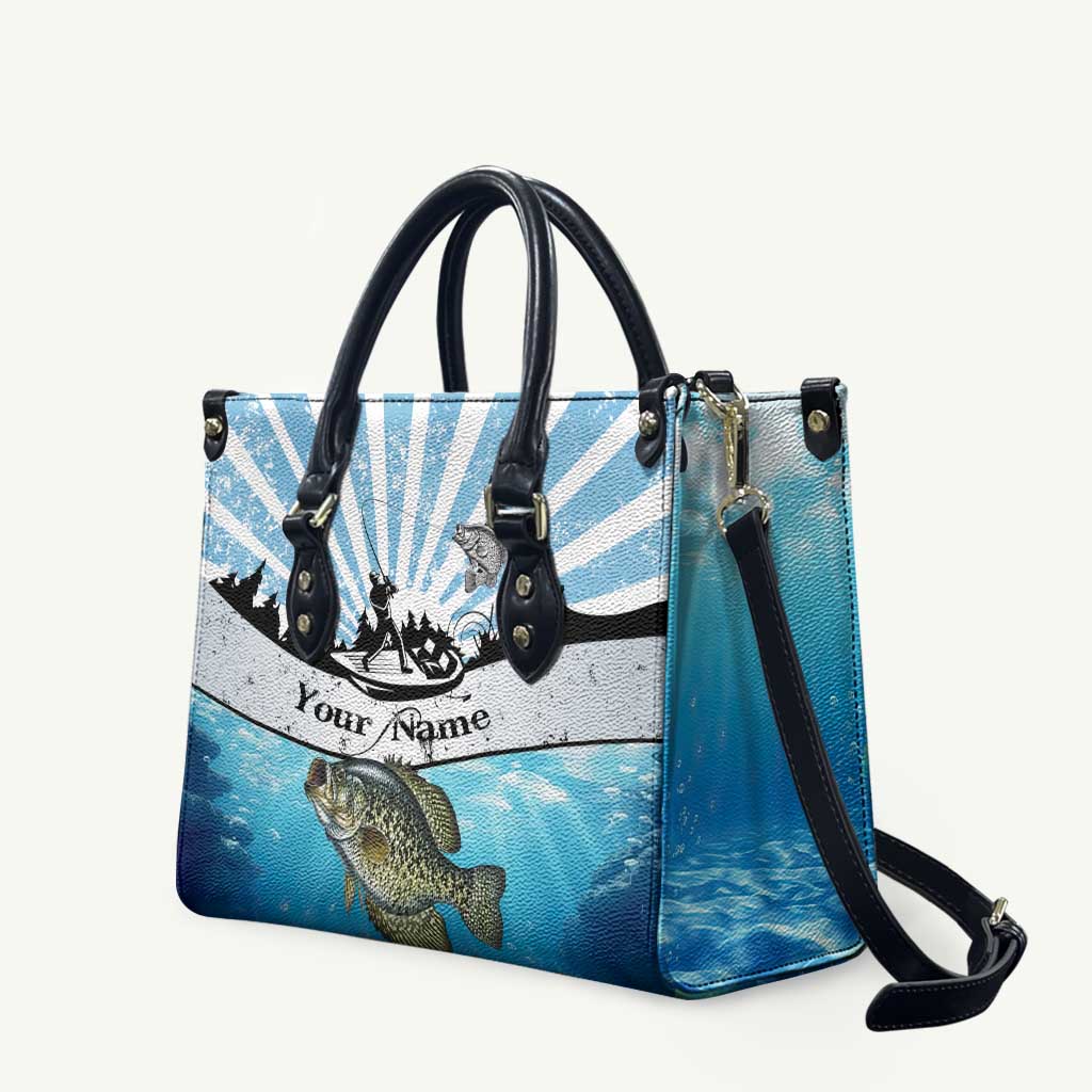 Personalized Crappie Fishing Leather Bag with Lake Water Splash Scene and Sunrise Silhouette Angler Design - Wonder Print Shop