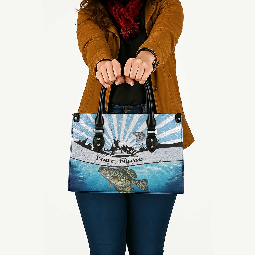 Personalized Crappie Fishing Leather Bag with Lake Water Splash Scene and Sunrise Silhouette Angler Design - Wonder Print Shop