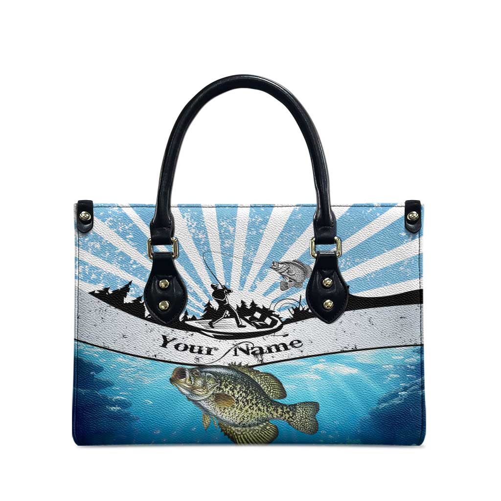 Personalized Crappie Fishing Leather Bag with Lake Water Splash Scene and Sunrise Silhouette Angler Design - Wonder Print Shop