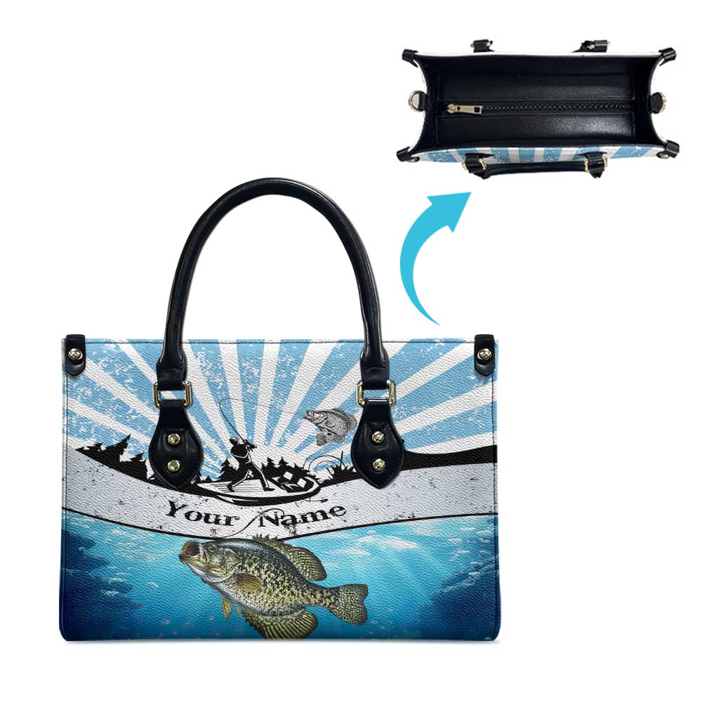 Personalized Crappie Fishing Leather Bag with Lake Water Splash Scene and Sunrise Silhouette Angler Design - Wonder Print Shop