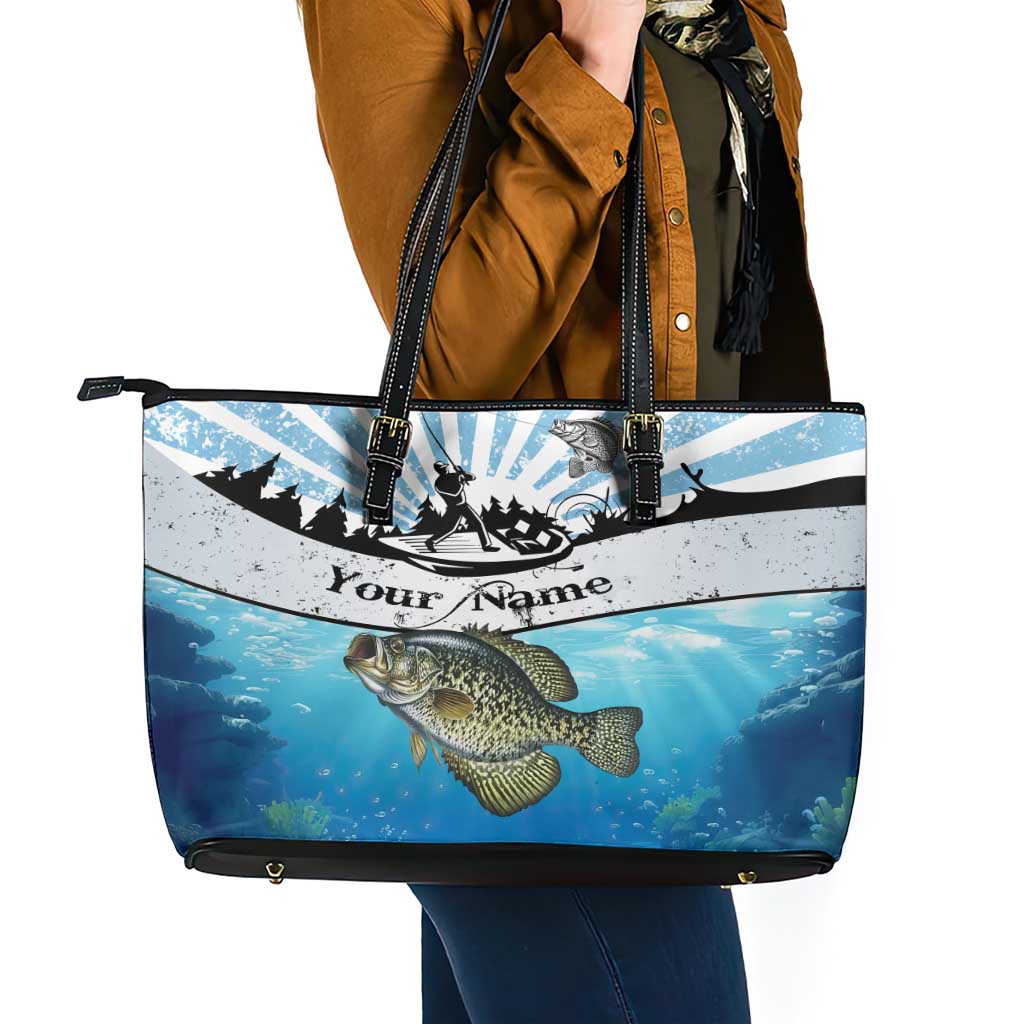 Personalized Crappie Fishing Leather Tote Bag with Lake Water Splash Scene and Sunrise Silhouette Angler Design - Wonder Print Shop