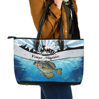 Personalized Crappie Fishing Leather Tote Bag with Lake Water Splash Scene and Sunrise Silhouette Angler Design - Wonder Print Shop