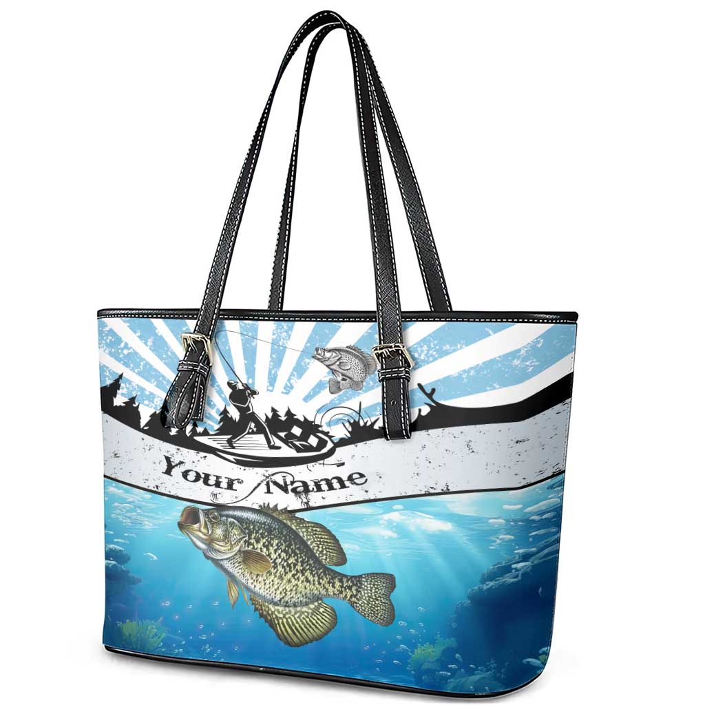 Personalized Crappie Fishing Leather Tote Bag with Lake Water Splash Scene and Sunrise Silhouette Angler Design - Wonder Print Shop