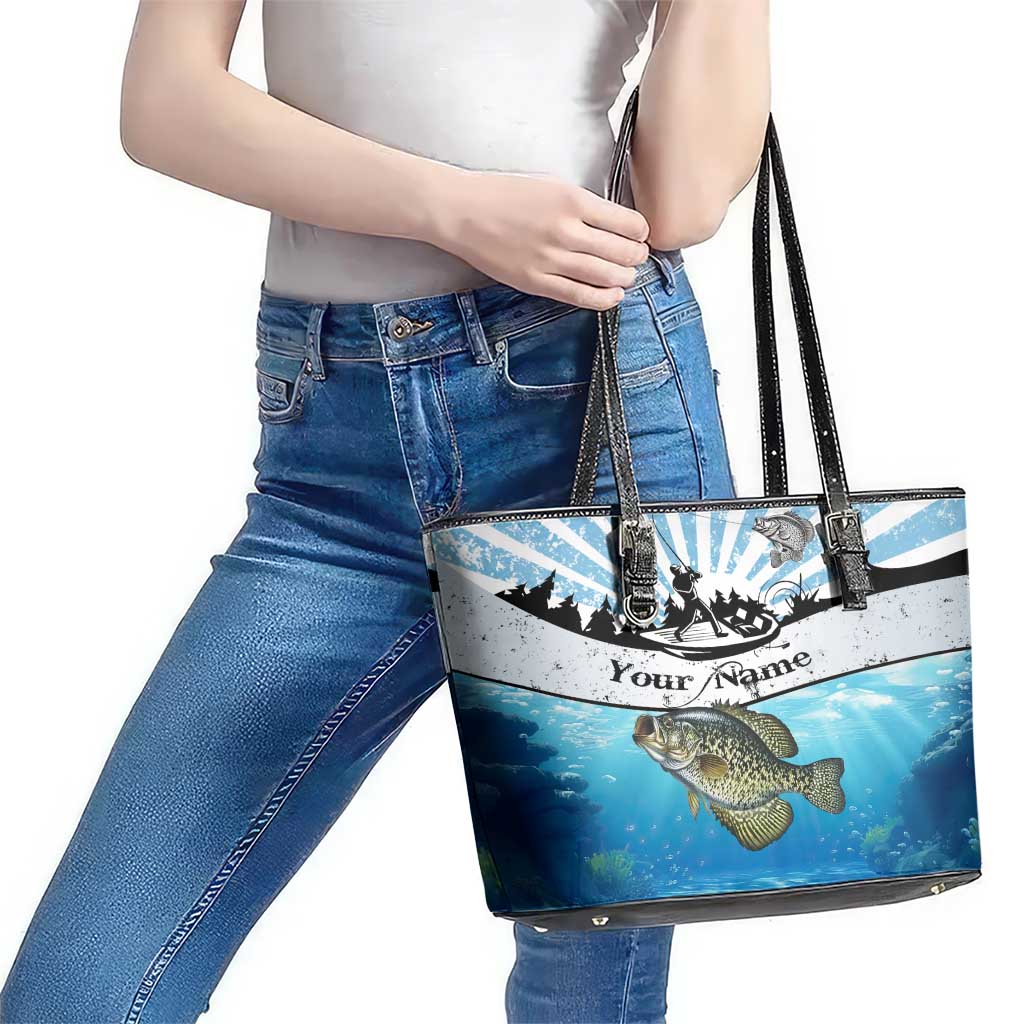 Personalized Crappie Fishing Leather Tote Bag with Lake Water Splash Scene and Sunrise Silhouette Angler Design - Wonder Print Shop