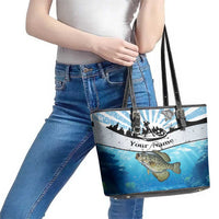 Personalized Crappie Fishing Leather Tote Bag with Lake Water Splash Scene and Sunrise Silhouette Angler Design - Wonder Print Shop
