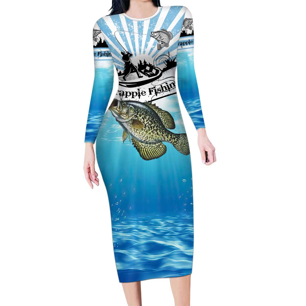 Personalized Crappie Fishing Long Sleeve Bodycon Dress with Lake Water Splash Scene and Sunrise Silhouette Angler Design - Wonder Print Shop