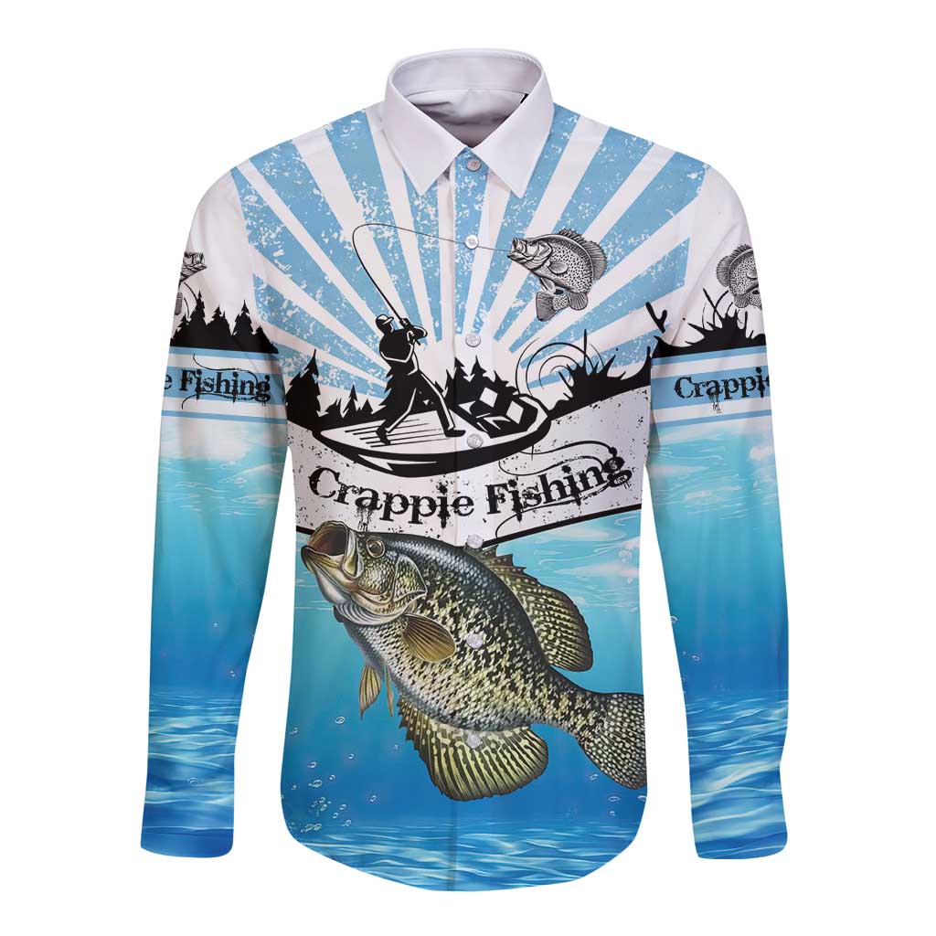 Personalized Crappie Fishing Long Sleeve Button Shirt with Lake Water Splash Scene and Sunrise Silhouette Angler Design - Wonder Print Shop