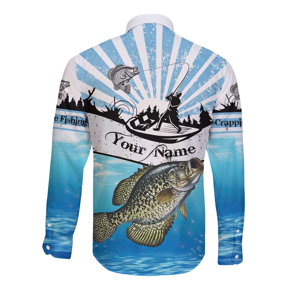 Personalized Crappie Fishing Long Sleeve Button Shirt with Lake Water Splash Scene and Sunrise Silhouette Angler Design - Wonder Print Shop