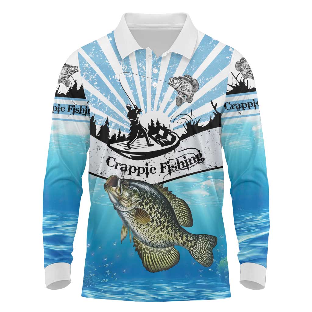 Personalized Crappie Fishing Long Sleeve Polo Shirt with Lake Water Splash Scene and Sunrise Silhouette Angler Design - Wonder Print Shop