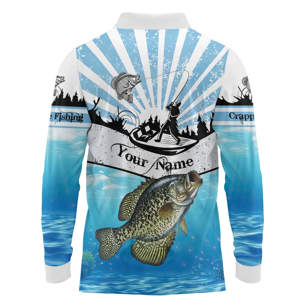 Personalized Crappie Fishing Long Sleeve Polo Shirt with Lake Water Splash Scene and Sunrise Silhouette Angler Design - Wonder Print Shop