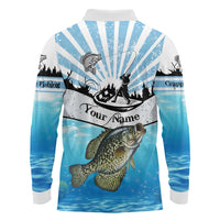 Personalized Crappie Fishing Long Sleeve Polo Shirt with Lake Water Splash Scene and Sunrise Silhouette Angler Design - Wonder Print Shop