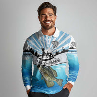 Personalized Crappie Fishing Long Sleeve Polo Shirt with Lake Water Splash Scene and Sunrise Silhouette Angler Design - Wonder Print Shop