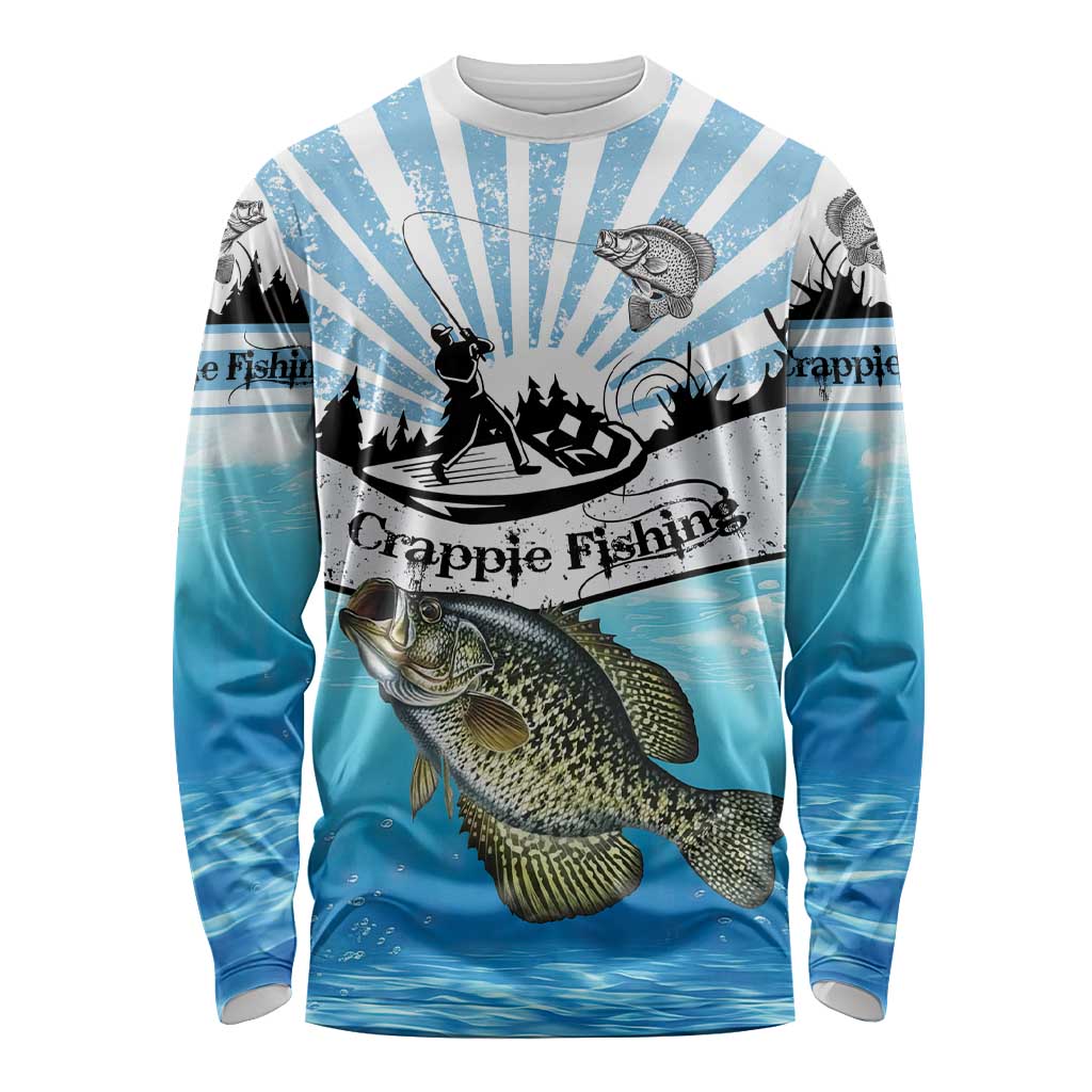 Personalized Crappie Fishing Long Sleeve Shirt with Lake Water Splash Scene and Sunrise Silhouette Angler Design - Wonder Print Shop