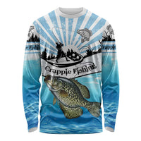 Personalized Crappie Fishing Long Sleeve Shirt with Lake Water Splash Scene and Sunrise Silhouette Angler Design - Wonder Print Shop