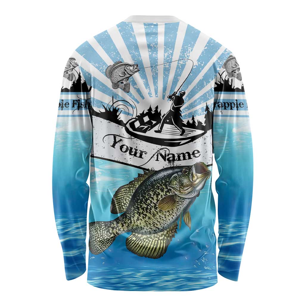 Personalized Crappie Fishing Long Sleeve Shirt with Lake Water Splash Scene and Sunrise Silhouette Angler Design - Wonder Print Shop