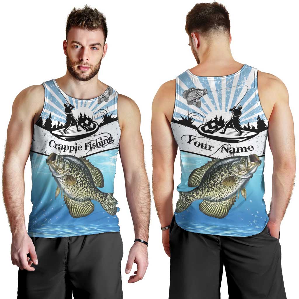 Personalized Crappie Fishing Men Tank Top with Lake Water Splash Scene and Sunrise Silhouette Angler Design - Wonder Print Shop
