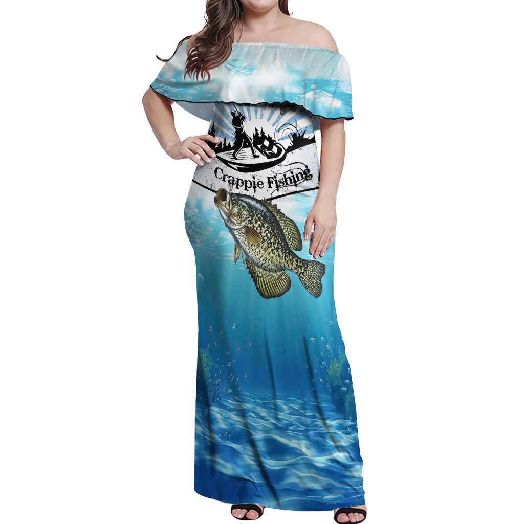 Personalized Crappie Fishing Off Shoulder Maxi Dress with Lake Water Splash Scene and Sunrise Silhouette Angler Design - Wonder Print Shop