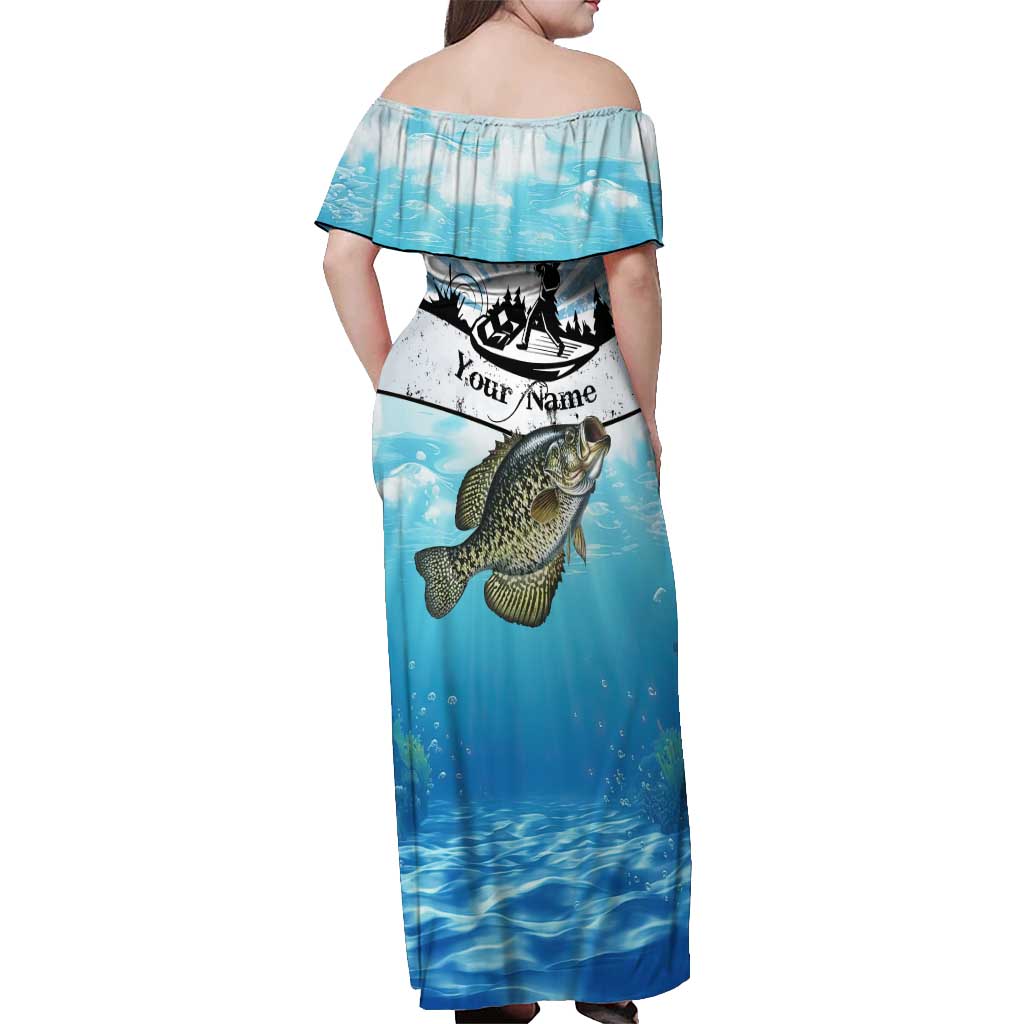 Personalized Crappie Fishing Off Shoulder Maxi Dress with Lake Water Splash Scene and Sunrise Silhouette Angler Design - Wonder Print Shop