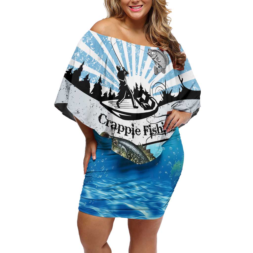 Personalized Crappie Fishing Off Shoulder Short Dress with Lake Water Splash Scene and Sunrise Silhouette Angler Design - Wonder Print Shop