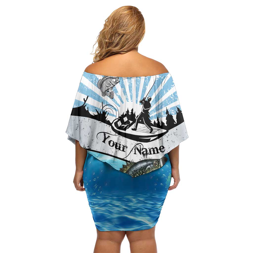 Personalized Crappie Fishing Off Shoulder Short Dress with Lake Water Splash Scene and Sunrise Silhouette Angler Design - Wonder Print Shop