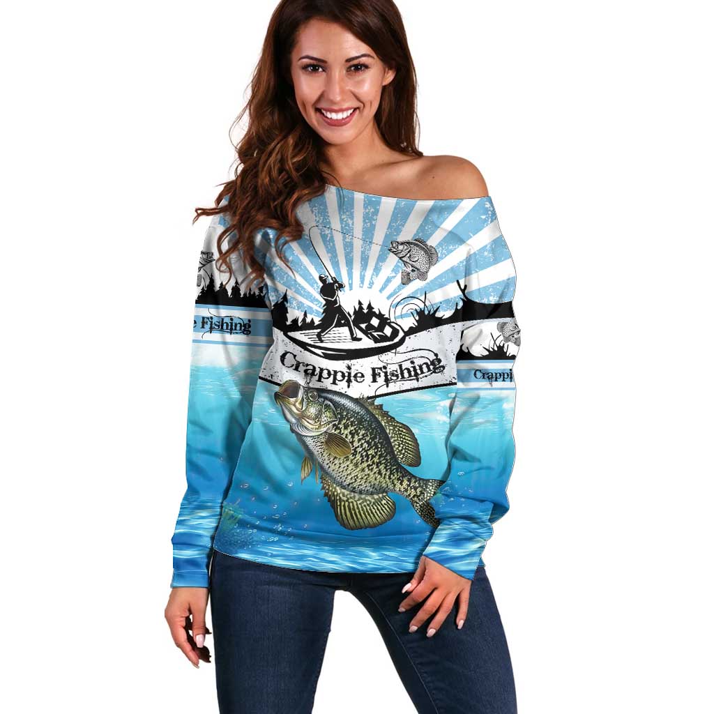 Personalized Crappie Fishing Off Shoulder Sweater with Lake Water Splash Scene and Sunrise Silhouette Angler Design - Wonder Print Shop