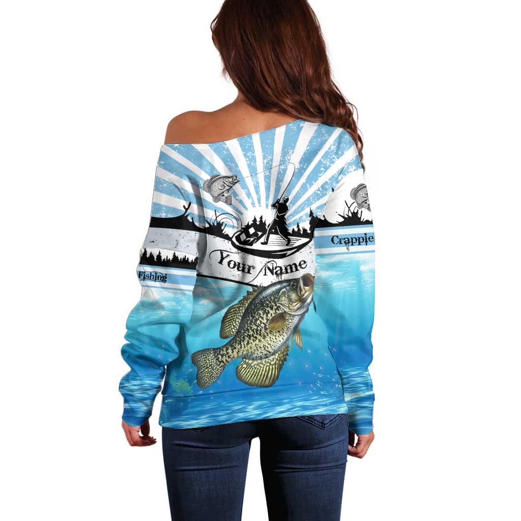 Personalized Crappie Fishing Off Shoulder Sweater with Lake Water Splash Scene and Sunrise Silhouette Angler Design - Wonder Print Shop