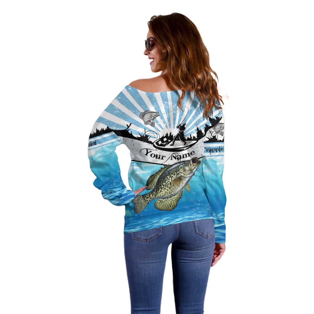 Personalized Crappie Fishing Off Shoulder Sweater with Lake Water Splash Scene and Sunrise Silhouette Angler Design - Wonder Print Shop
